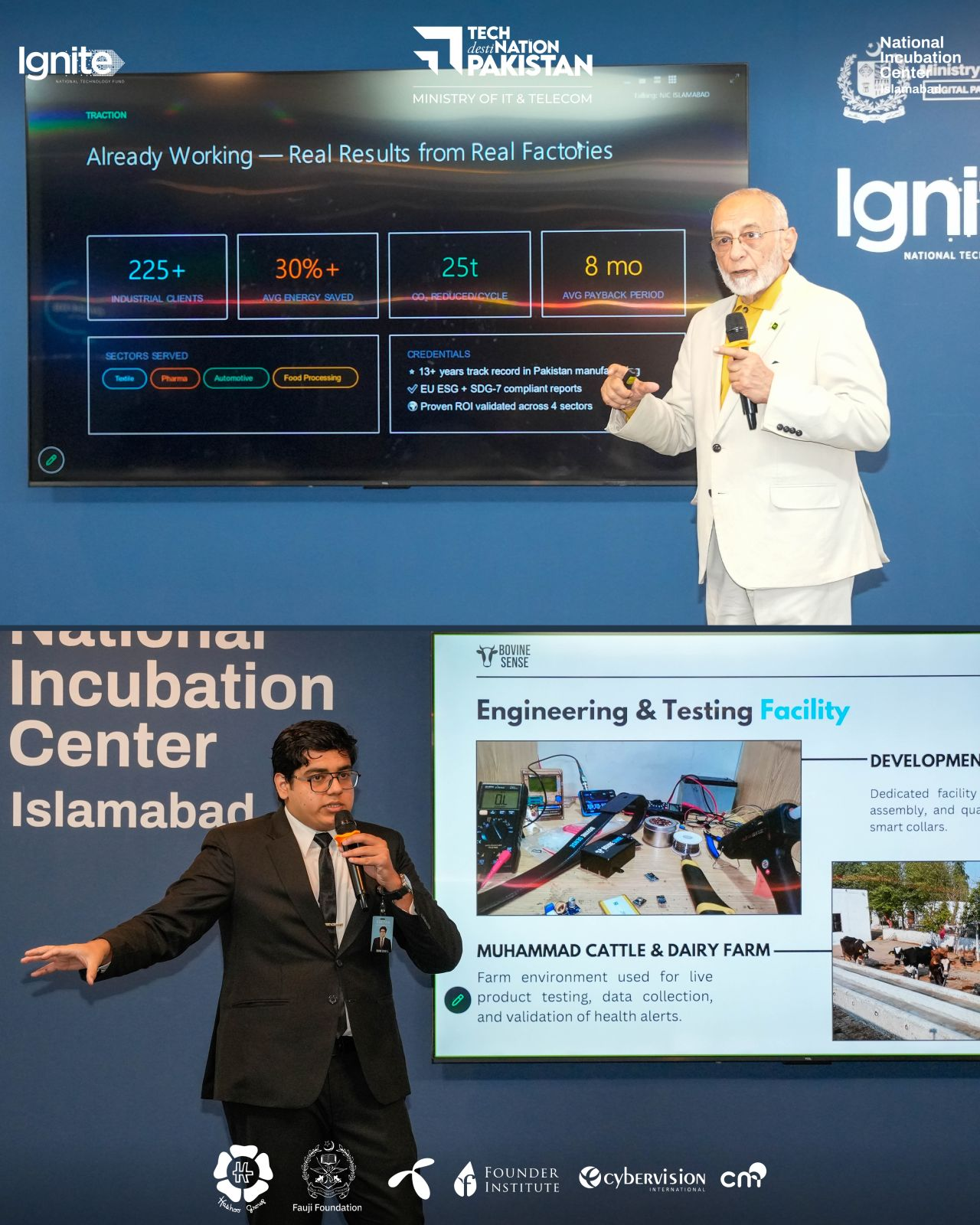 NIC Islamabad Cohort 5 - Startup pitch presentation showing real results from real factories with panel of judges