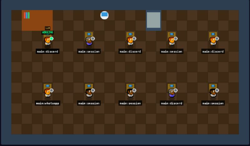 OpenClaw Pixel Agents Screenshot showing 10 pixel art desks with AI agent characters