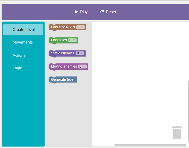 RoboSim block-based coding interface showing grid size, obstacles, and enemy configuration options