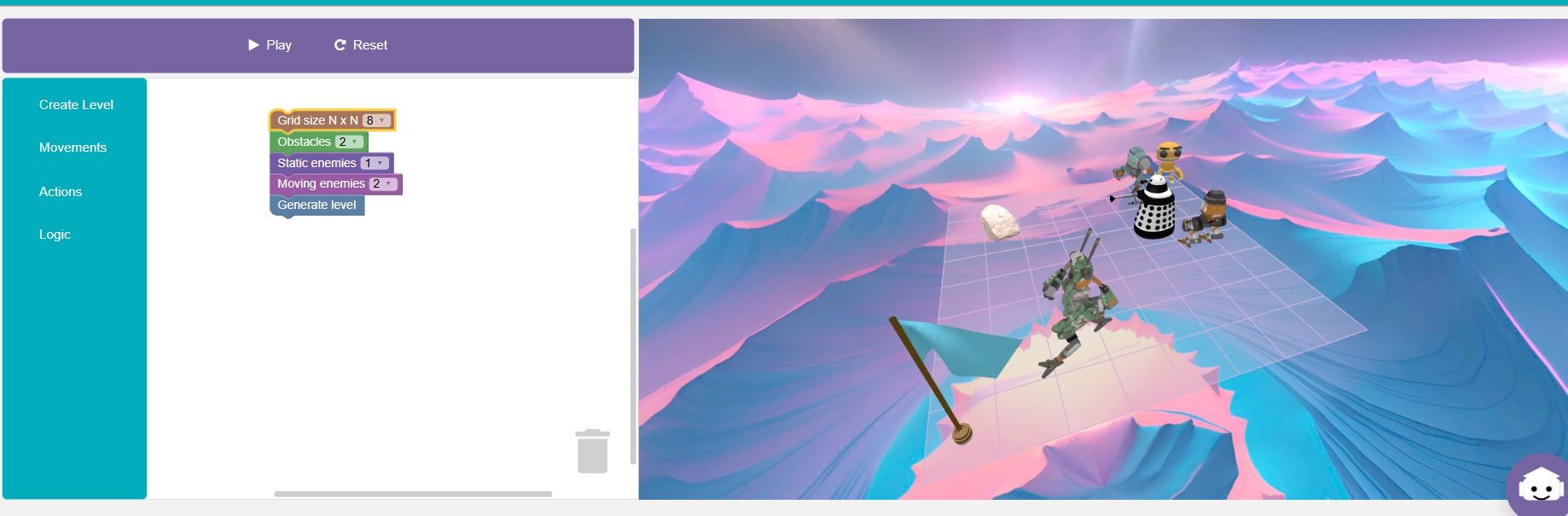 Full RoboSim interface showing the block coding panel, level configuration, and 3D gameplay view side by side