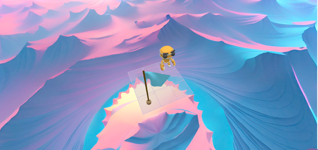RoboSim gameplay showing a robot character in a colorful 3D terrain with obstacles